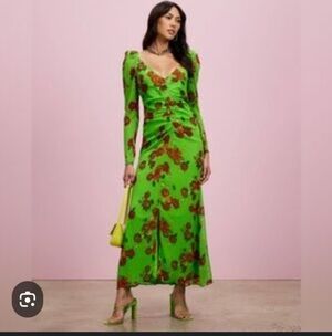 NWOT Topshop Lime Green Dress With Red Roses & A Cut Out Back   Size 6